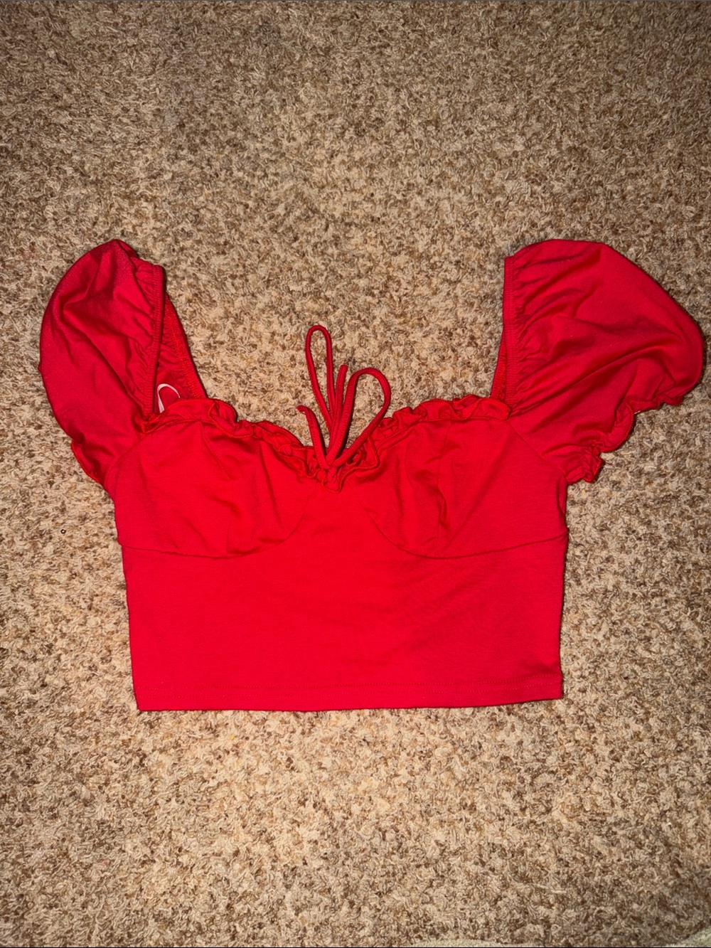 SHEIN Red Puff-Sleeve Tie-Front Cropped Top